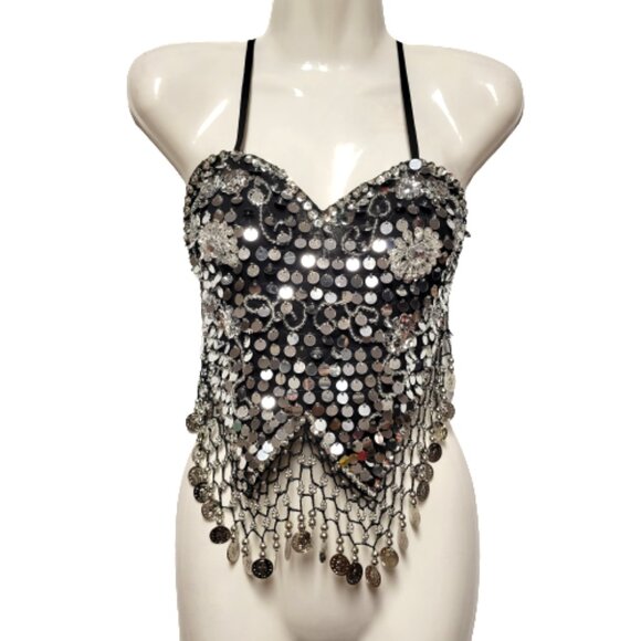 Black Sequin Halter Crop Top Silver Sequin Backless Belly Dancing Tops NEW - Picture 1 of 8